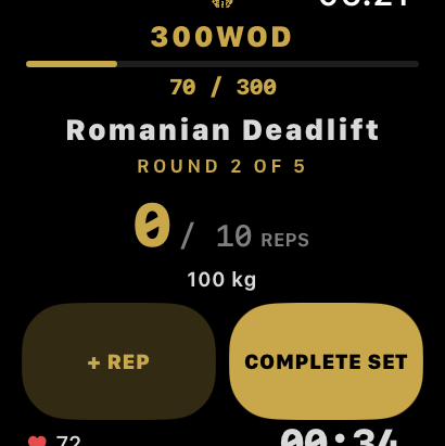300WOD Apple Watch app — Active workout state showing Romanian Deadlift exercise