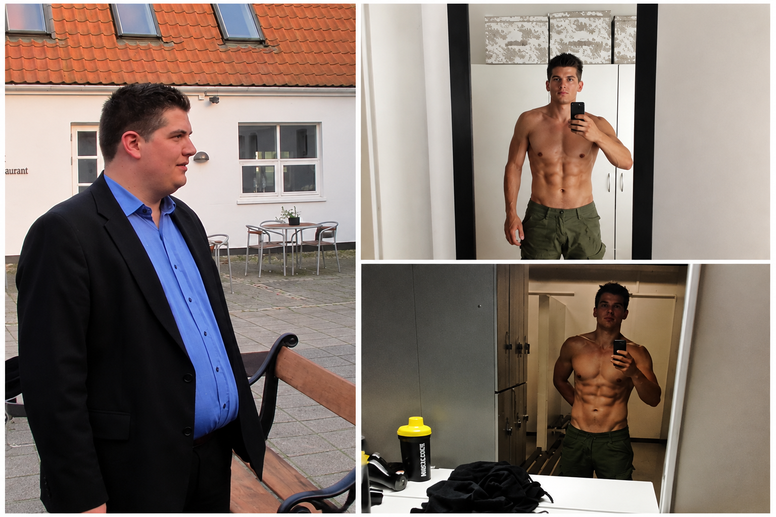 Dennis Jarl Jensen — approved 2012 transformation collage. Left: Dennis before the transformation. Right: Two authentic photographs after the transformation showing approximately 50kg / 110lbs weight loss over 8 months.